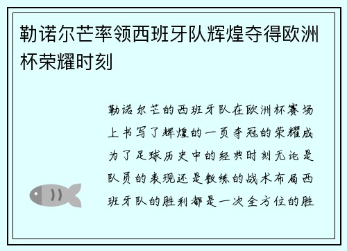 勒诺尔芒率领西班牙队辉煌夺得欧洲杯荣耀时刻